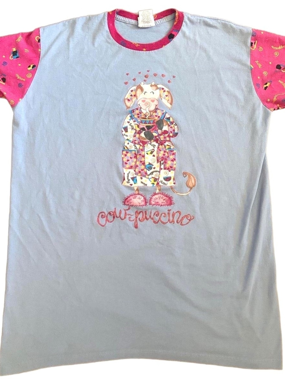 Vintage Y2K Simply Basic Cow-Puccino Sleep Shirt with Pink Sleeves - One Size